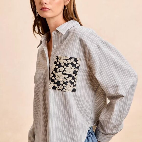 BiBi Flower Jacquard Knit Patch Pocket Stripe Shirt - Picture 3 of 16